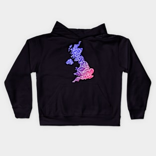 Colorful mandala art map of United Kingdom with text in blue and violet Kids Hoodie